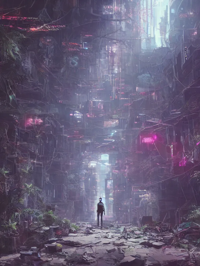Image similar to portrait of a stranger, lost in a hall of a cyberpunk megacomplex overgrown by strange plants; hyperrealistic, 4K wallpaper, cinematic lighting, highly detailed and beautiful
