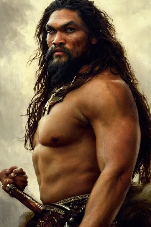 Image similar to beautiful closeup portrait oil painting, jason momoa conan the barbarian wearing a golden wreath crown in royal crimson spartan armor enthroned as the god emperor of ancient rome, mid - shot, by anders zorn, wonderful masterpiece by greg rutkowski, beautiful cinematic light, american romanticism, by thomas lawrence, greg rutkowski