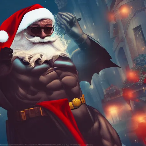 Prompt: Batman is Santa Claus, hyperdetailed, artstation, cgsociety, 8k