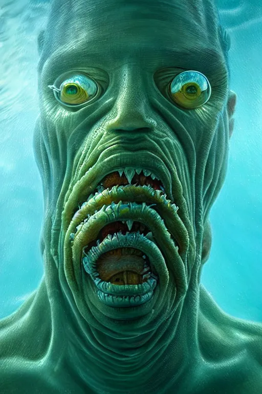 Image similar to hyperrealistic close-up modernism underwater monster! highly detailed concept art eric zener elson peter cinematic hard green lighting high angle hd 8k sharp shallow depth of field, inspired by David Paul Cronenberg and Zdzisław Beksiński