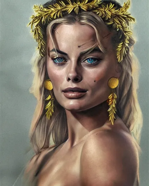 Image similar to realism tattoo sketch of margot robbie as a beautiful greek goddess aphrodite with piercing eyes wearing a laurel wreath and triangle earrings, in the style of greg rutkowski, amazing detail