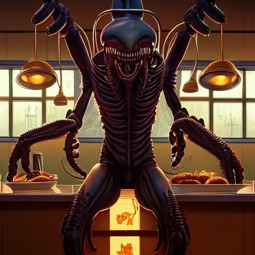 Prompt: portrait of a xenomorph muppet working in a diner, arms crossed, promotional pose, intricate, headshot, highly detailed, digital painting, artstation, concept art, sharp focus, cinematic lighting, illustration, art by artgerm and greg rutkowski, alphonse mucha, cgsociety