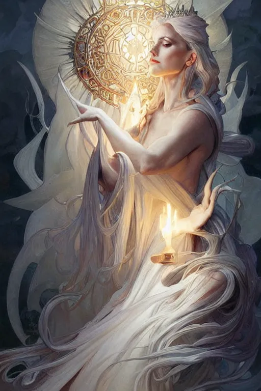 Image similar to white witch crafting magic spells, side view, crafting spells, bright witch, fantasy, chaos, magic, dark magic, dramatic lighting, intricate, wild, highly detailed, digital painting, artstation, concept art, smooth, sharp focus, illustration, art by artgerm and greg rutkowski and alphonse mucha