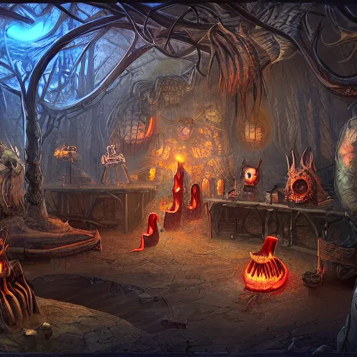 Image similar to an actual gift shop in hell, horror fantasy, digital art, trending on artstation