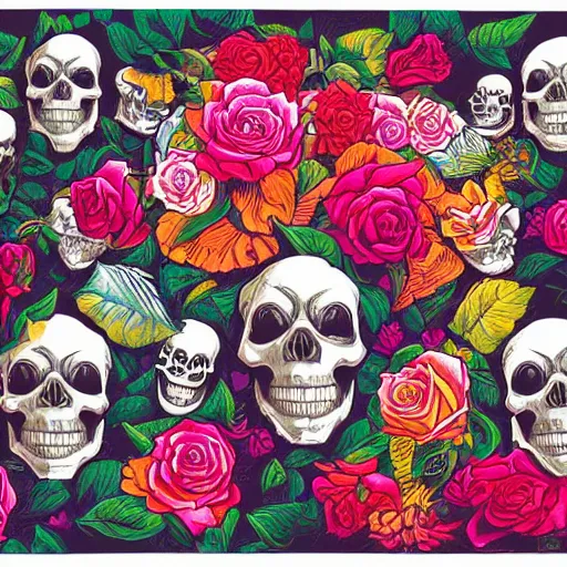 Image similar to ortographic view of large skulls and vivid roses by Jen Bartel and Dan Mumford and Satoshi Kon, gouache illustration, pastel colors-C 10