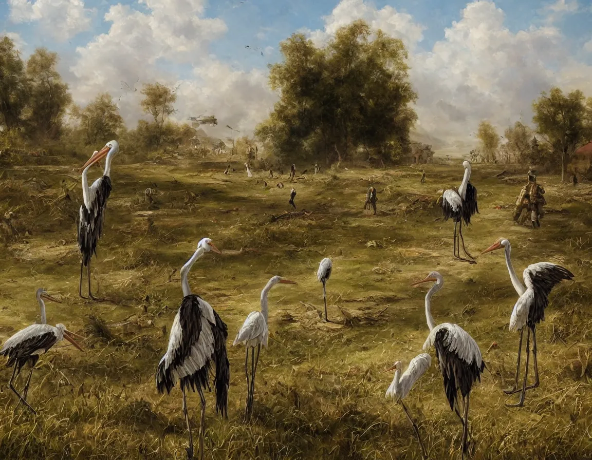 Prompt: the beautiful oil painting of the pair of storks walking by the field and looking to the destroyed weapons and war tanks, destroyed tanks and shelling on the background, trending on artstation, digital art, highly detailed, canvas oil painting