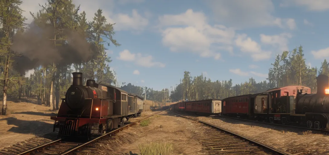 Image similar to A train in red dead redemption 2, screenshot, high quality image, widescreen, in-game engine, 8k, octane render