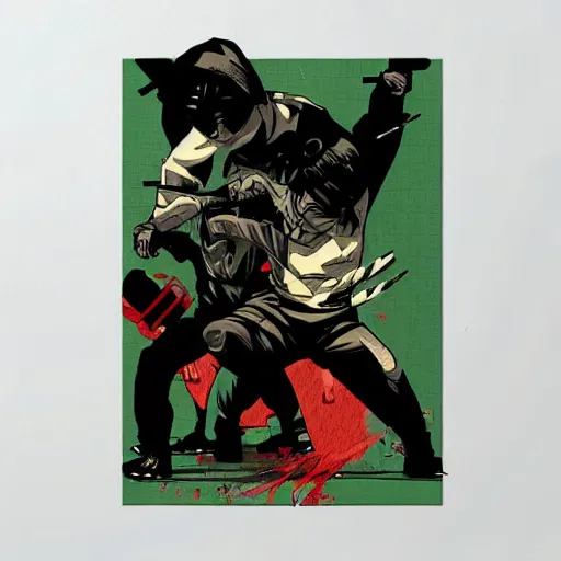 Prompt: Ninjas fighting, Hip Hop, Dark, Intense, Dramatic, Highly Detailed by Sachin Teng