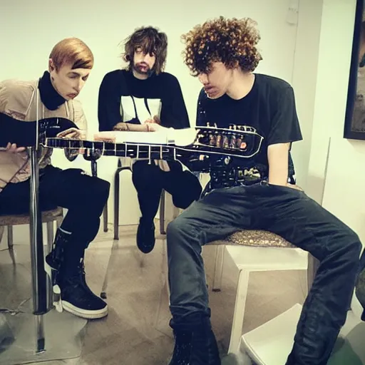 Prompt: geordie greep fro mthe band black midi having a business meeting with mario, hyperrealistic