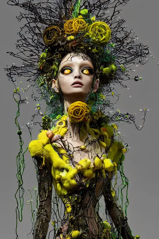 Image similar to an epic non - binary model, subject made of cracked clay, vine headdress, cables all over, flowing dress, with yellow and green bubbles bursting out, delicate, beautiful, intricate, melting into jolteon, houdini sidefx, by jeremy mann and ilya kuvshinov, jamie hewlett and ayami kojima, bold 3 d