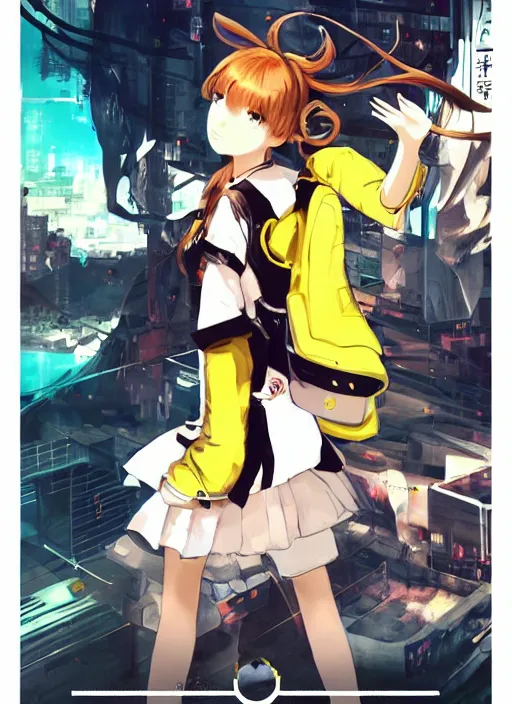 Prompt: JRPG game poster, luxury advertisement, yellow filter. Clean and detailed post-cyberpunk sci-fi close-up schoolgirl in asian city in style of cytus and deemo, blue flame, relaxing, calm and mysterious vibes, by Tsutomu Nihei, by Yoshitoshi ABe, by Ilya Kuvshinov, by Greg Tocchini, nier:automata, set in half-life 2, Matrix, GITS, Blade Runner, Neotokyo Source, Syndicate(2012), dynamic composition, beautiful with eerie vibes, very inspirational, very stylish, with gradients, surrealistic, dystopia, postapocalyptic vibes, depth of field, mist, rich cinematic atmosphere, perfect digital art, mystical journey in strange world, beautiful dramatic dark moody tones and studio lighting, shadows, bastion game, arthouse