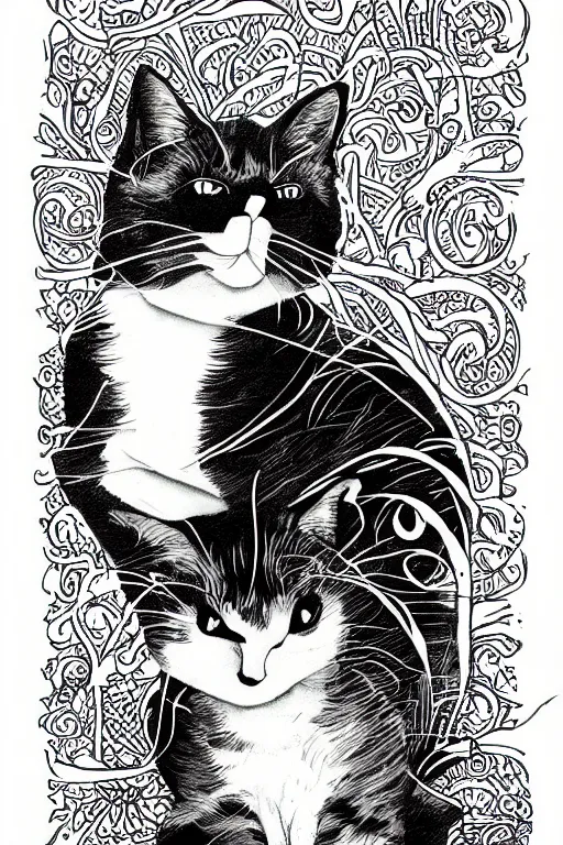 Prompt: dream cat black and white illustration