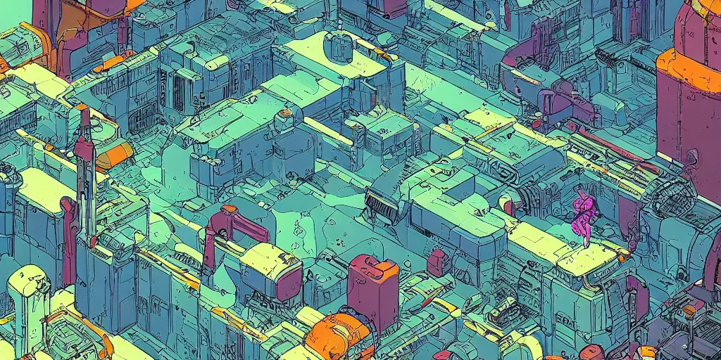 Prompt: a mile above a cybernetic landscape. isometric perspective. science fiction art. alien world. moebius