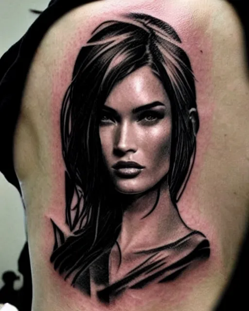 Image similar to creative double exposure effect tattoo design sketch of megan fox with beautiful mountains, realism tattoo, in the style of matteo pasqualin, amazing detail, sharp