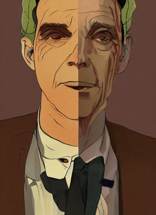 Prompt: artwork by Michael Whelan, Bob Larkin and Tomer Hanuka, of a solo individual portrait of man wearing a 1920s red striped outfit, dapper, from scene from Twin Peaks, simple illustration, domestic, nostalgic, from scene from Twin Peaks, clean, full of details, by Makoto Shinkai and thomas kinkade, Matte painting, trending on artstation and unreal engine