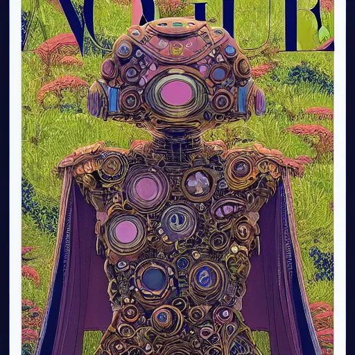 Prompt: portrait of the mysterious organic robot, vogue cover, vogue poses, beautiful futuristic ornamental cape, intricate, highly detailed, masterful, in the style of moebius, akira toriyama, jean giraud, 8 k