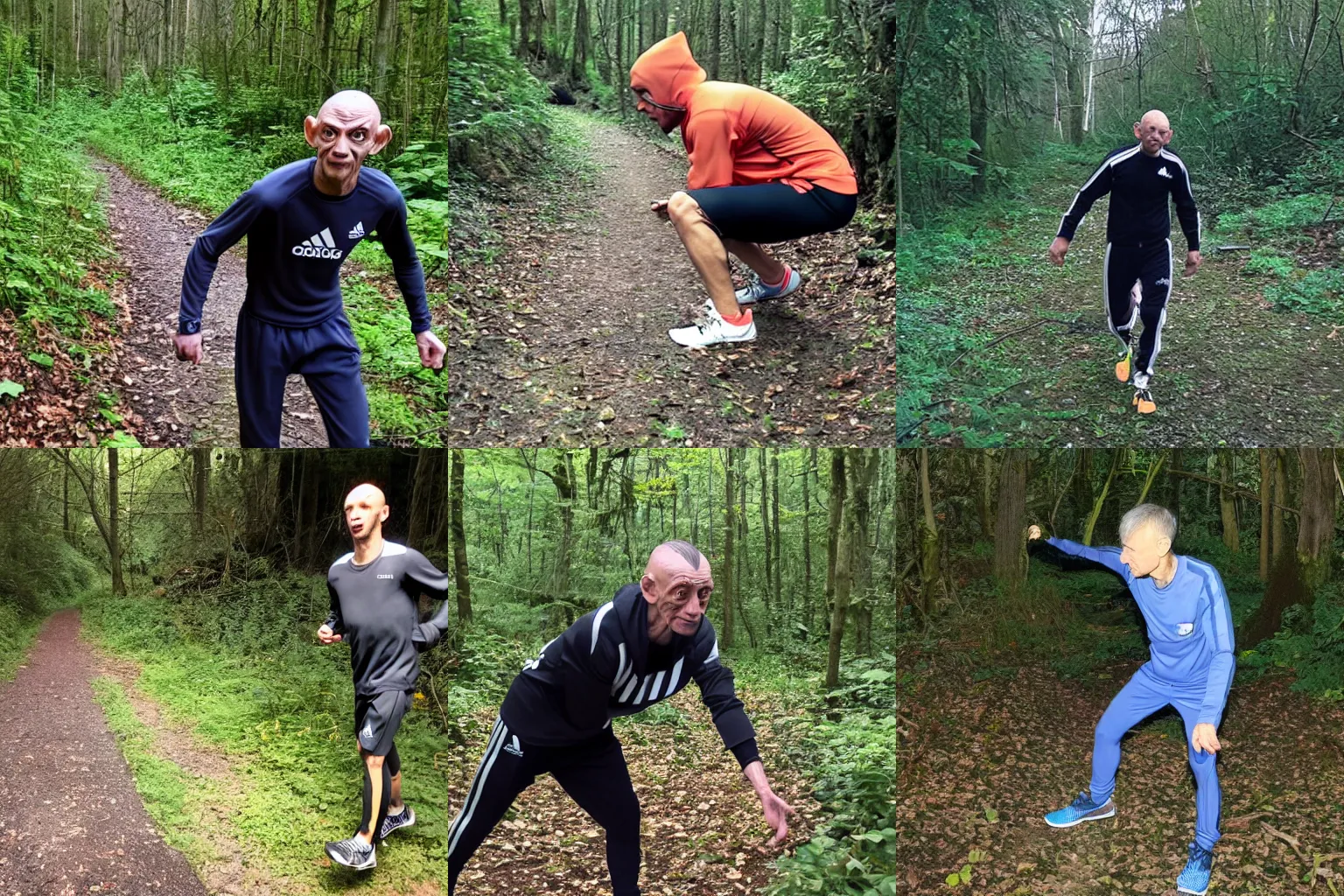 Prompt: Gollum in adidas tracksuit working out trail cam