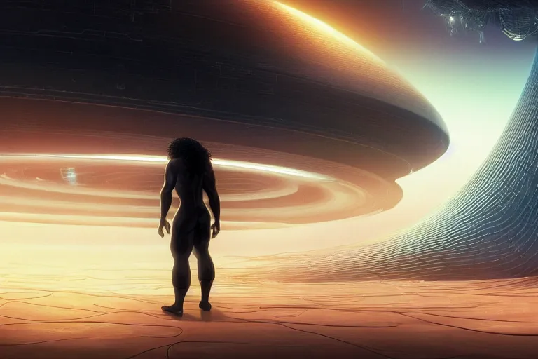 Image similar to a black man with long curly hair standing in front of a black hole horizon, time collapsing. neofuturistic highly detailed, digital concept art, Dimensional cyan gold natural light, sharp focus, Golden Ratio illustration, realistic concept art by Stephen Hickman and James Gurney and Hiromasa Ogura Ghost in the Shell rendered in Octane Render, From the distance