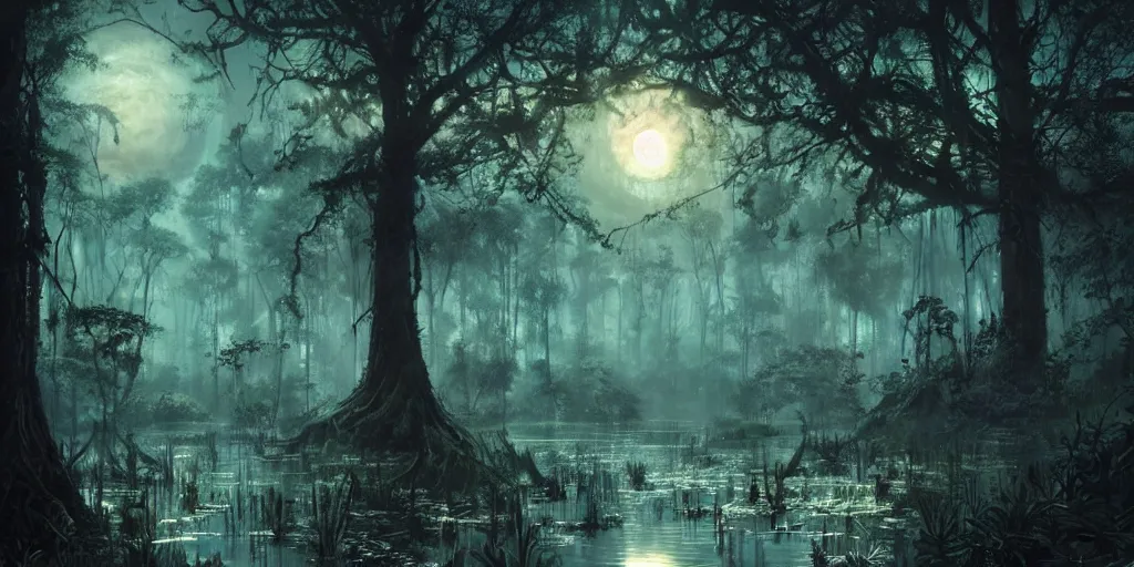 Prompt: a dark lush swamp at nighttime, glowworms hanging from the trees, cloudy obscured moon, fantasy digital painting, stunning intricate details, artwork by ross tran and greg rutkowski
