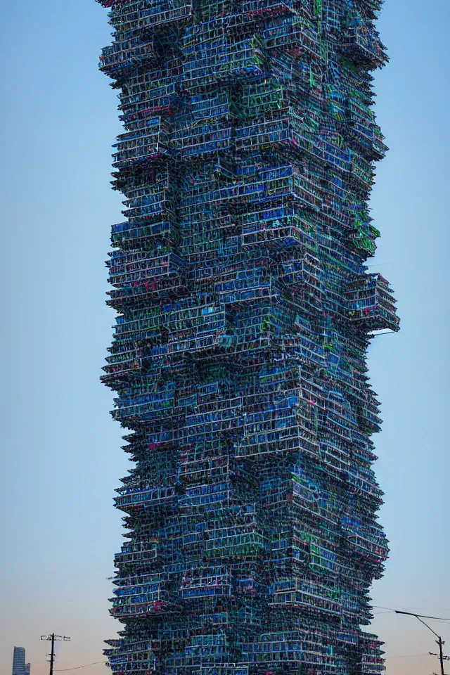 Image similar to cyberpunk tower made out of billions of stacked computer screens by simon stalenhag