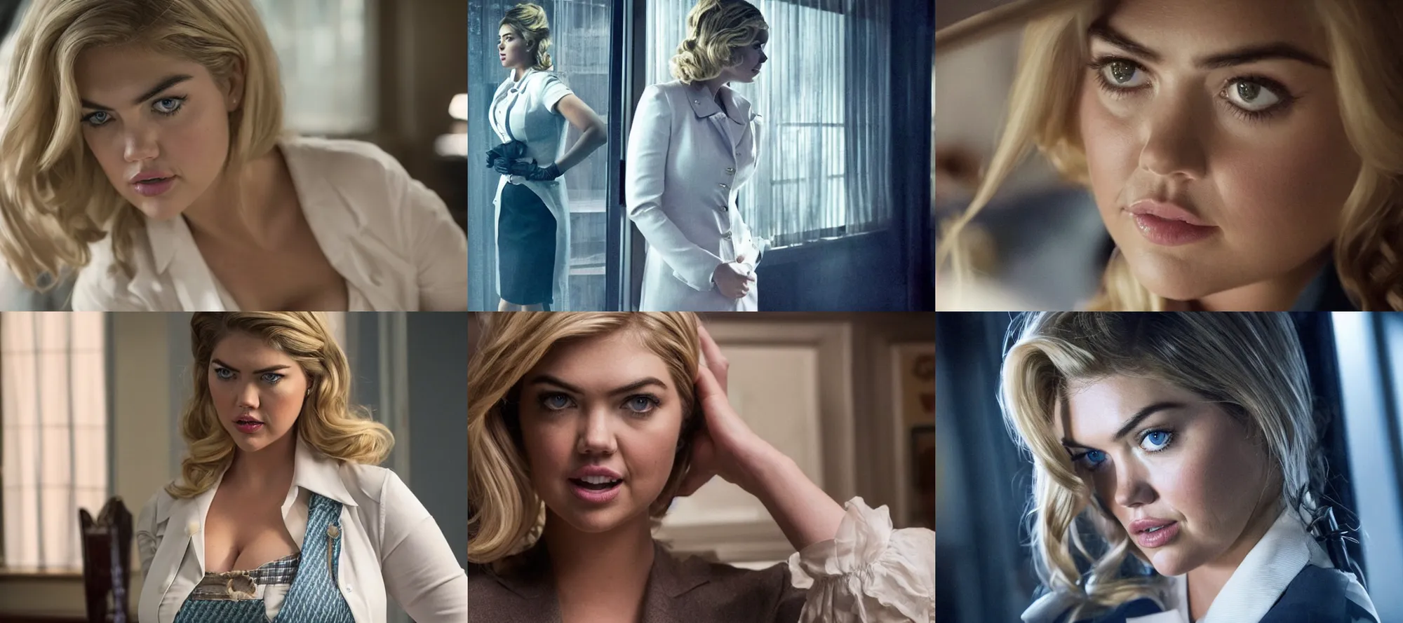 Prompt: promotional image of kate upton as a detective in a movie directed by chirstopher nolan, maid costume, detailed face, movie still frame, promotional image, imax 7 0 mm footage