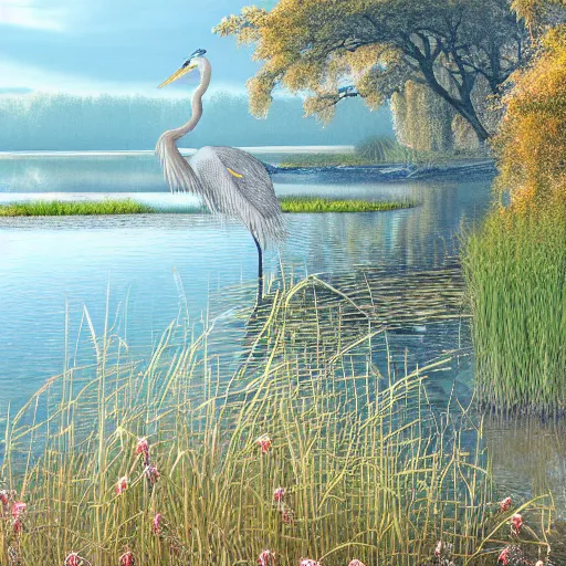 Prompt: a majestic blue heron in shallow river, waterfalls in distance, left border beautiful willow, right border cherry blosom trees, lily pads bullrushes marsh clouds, golden hour intricate by mcquarrie martin lagerstadt, digital art, highly detailed, artstation