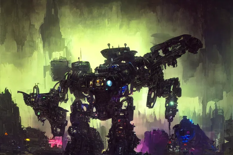 Image similar to ink acid shadow mech warrior, painted by erol otus and david thierree and dan adkins and john berkey, trending on artstation, volumetric lighting macro view muted colors, iridescent colors, dark academia, symbolism, brushwork