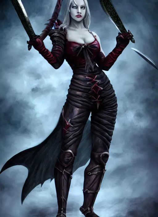 Image similar to full - body, female vampire holding a two - handed greatsword with both hands, lean and muscular, flying, barefoot, kickboxing foot wraps, exposed toes, black heavy armor, historical armor, metal mask, enchanting, elegant, smiling, ghostblade, wlop, modern fantasy, realistic proportions.