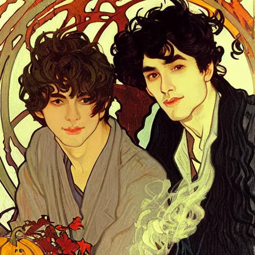 Image similar to painting of young cute handsome beautiful dark medium wavy hair man in his 2 0 s named shadow taehyung and cute handsome beautiful min - jun together at the halloween! party, bubbling cauldron!, candles!, smoke, autumn! colors, elegant, wearing suits!, delicate facial features, art by alphonse mucha, vincent van gogh, egon schiele