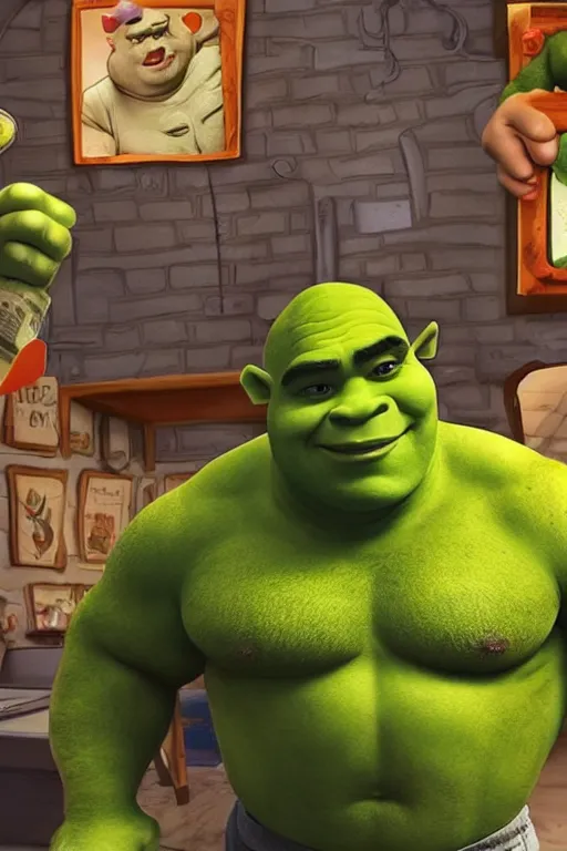 Image similar to buff shrek, tinder profile,