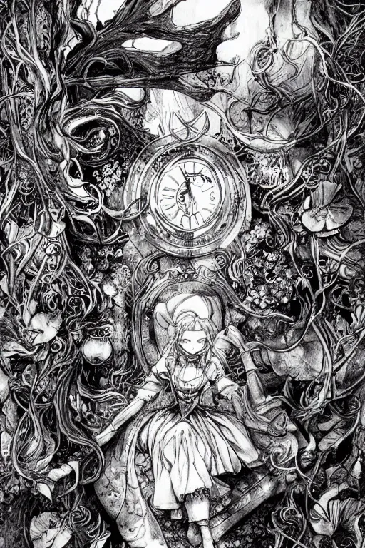 Prompt: Magical Alice in wonderland tarot card , pen and ink, intricate line drawings, by Yoshitaka Amano, Ruan Jia, Kentaro Miura, Artgerm, watercolor