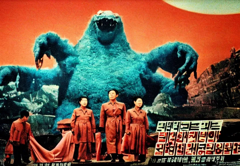 Image similar to Pulgasari the North Korean monster, volumetric lighting, filmstill, produced by Kim Jong-il, Kodachrome, kaiju-eiga, starfish monster movie, communist propaganda, film noir, 35mm film grain, Cooke Varotal 20-100mm T3.1