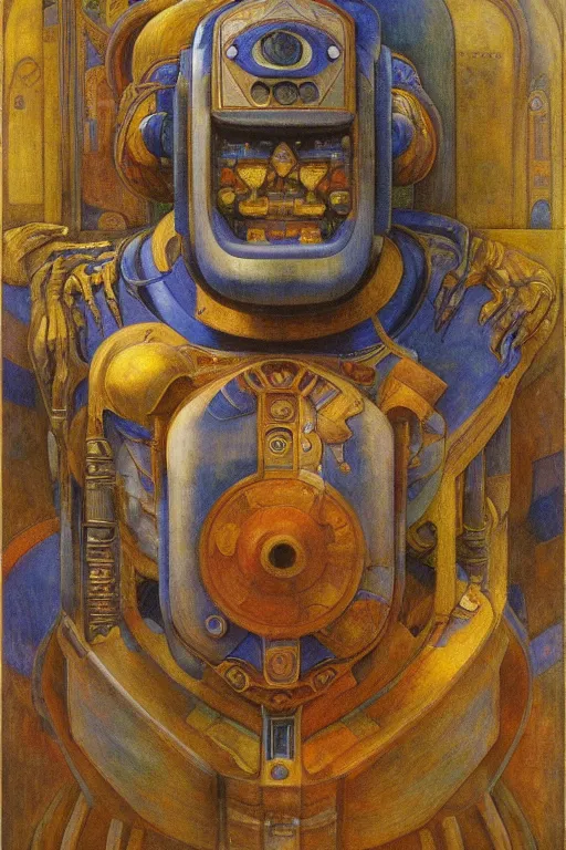Image similar to the robot in his regalia, by Annie Swynnerton and Diego Rivera and Elihu Vedder, symbolist, dramatic lighting, elaborate geometric ornament, Art Brut, soft cool colors,smooth, sharp focus, extremely detailed, Adolf Wölfli