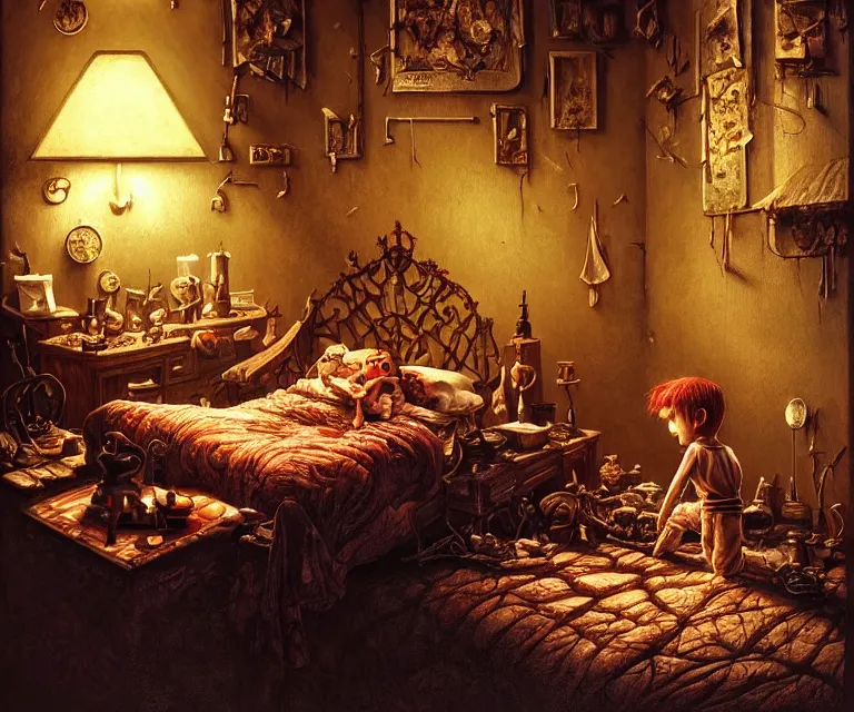 Prompt: realistic detailed image of a little boy looking under the *bed* in gory hotel room. small *elf is hiding* by the lamp on the shadowy dresser. Ayami Kojima, Karol Bak, Greg Hildebrandt, Neo-Gothic, gothic, rich deep colors. intricate artwork by Tooth Wu and wlop and beeple, greg rutkowski, very coherent symmetrical artwork, cinematic, hyper realism, octane render, unreal engine, 8k, Vibrant colors, Smooth gradients, High contrast, depth of field. by Katsuhiro Otomo, full body character drawing, inspired by Evangeleon, clean ink detailed line drawing, intricate detail, extremely detailed Part Beksinski painting, part by Adrian Ghenie and Gerhard Richter, part by Takato Yamamoto. 8k masterpiece