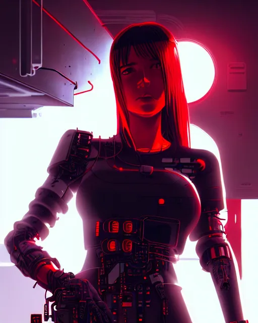 Prompt: a detailed potrait of a cyberpunk cyborg girl with black and red parts, perfect face, realistic shaded perfect face, detailed. night setting. very anime style. realistic shaded lighting poster by ilya kuvshinov katsuhiro, unreal engine, global illumination, radiant light, detailed and intricate environment