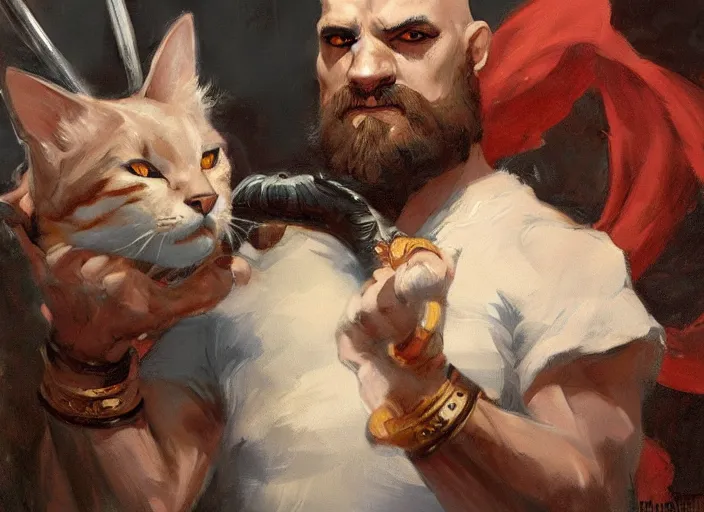 Image similar to a highly detailed beautiful portrait of a cat as kratos, by gregory manchess, james gurney, james jean