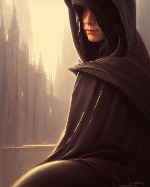 Prompt: Portrait of a hacker wearing hood, dark fantasy, medium shot, intricate, elegant, highly detailed, digital painting, artstation, concept art, smooth, sharp focus, illustration, art by artgerm and greg rutkowski and alphonse mucha