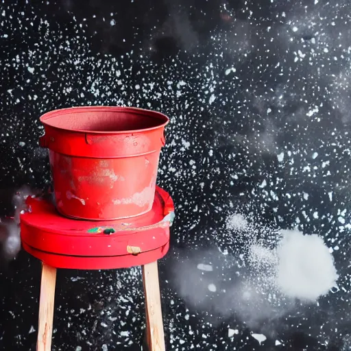Prompt: a studio photography set, there is a red bucket of paint in the middle of the frame and it has exploded, there is paint EVERYWHERE