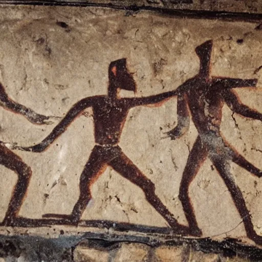 Image similar to old cave painting of men hunted by aliens