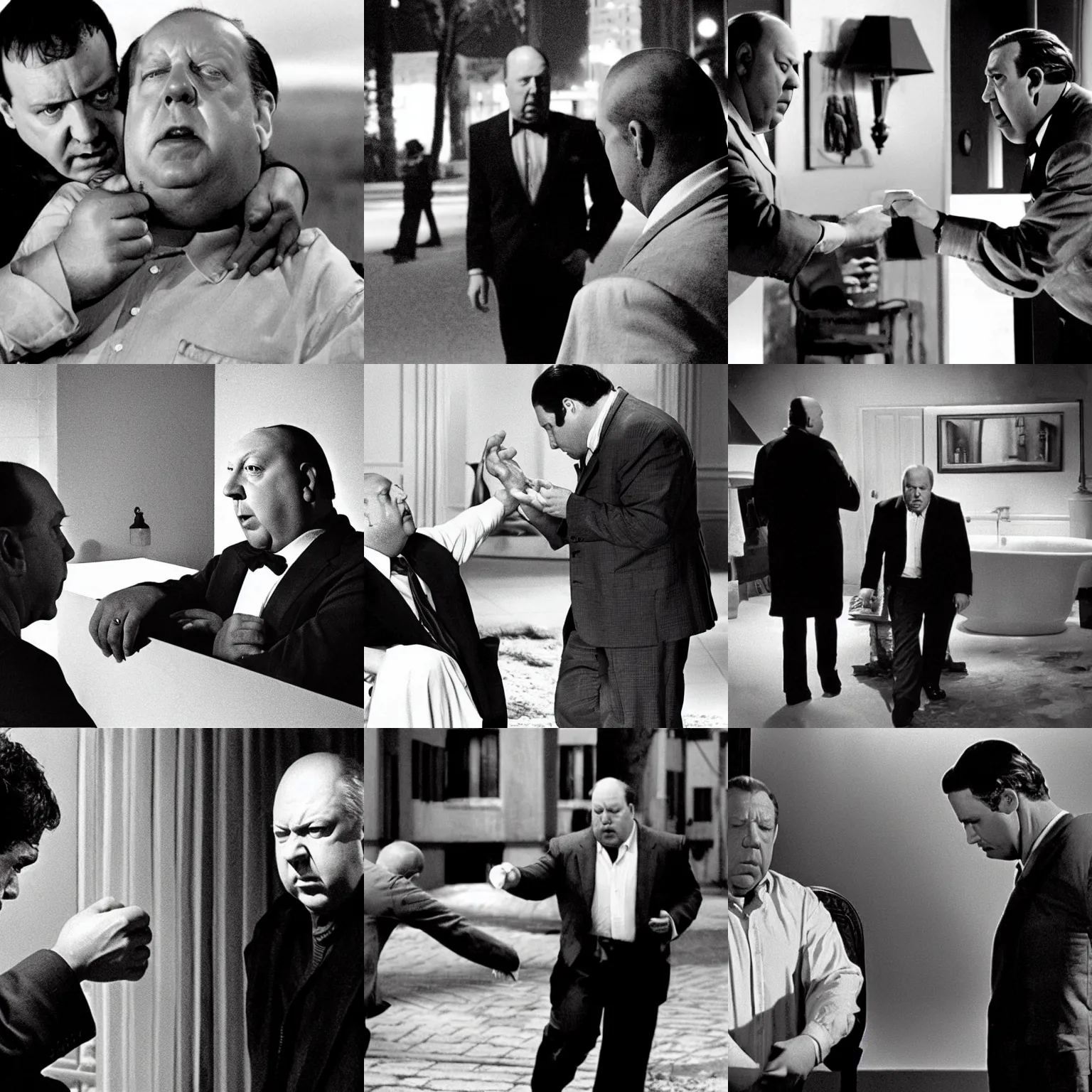 Prompt: A man is stalked by a psychopath who wants to kill him. The man is terrified and does everything he can to try to avoid the killer, but eventually the killer catches up to him and kills him, Alfred Hitchcock movie scene Realistic, black and white, Alfred Hitchcock movie