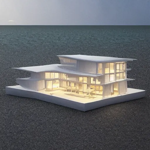 Image similar to “ a realistic model of a house floating on the beach, 8 k render designed by norman foster, high - tech design ”