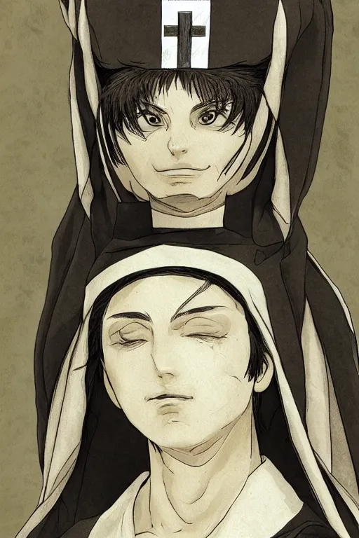 Prompt: portrait of Daniel Trejo in costume of church nun, intricate, highly detailed, artstation, manga illustration by Kentaro Miura