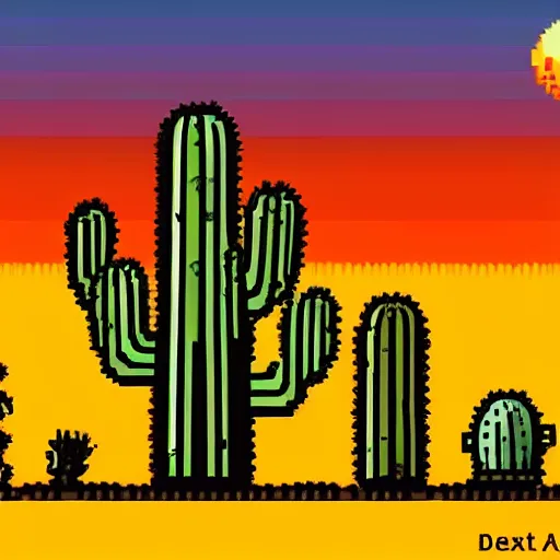 Image similar to A desert at sunset, mesa, cactus, animal skull, pixel art, artstation