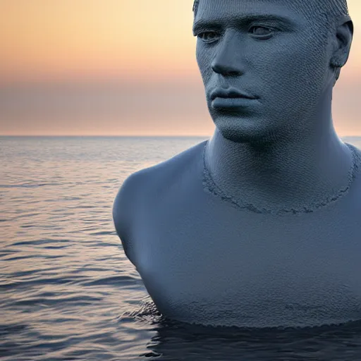 Image similar to a giant sculpture of a human head on the ocean, made purely out of water, cinematic, in the style of chad knight, long shot, hyper detailed, hyper realistic, ray tracing, 8 k resolution, sharp focus, realistic water, award winning