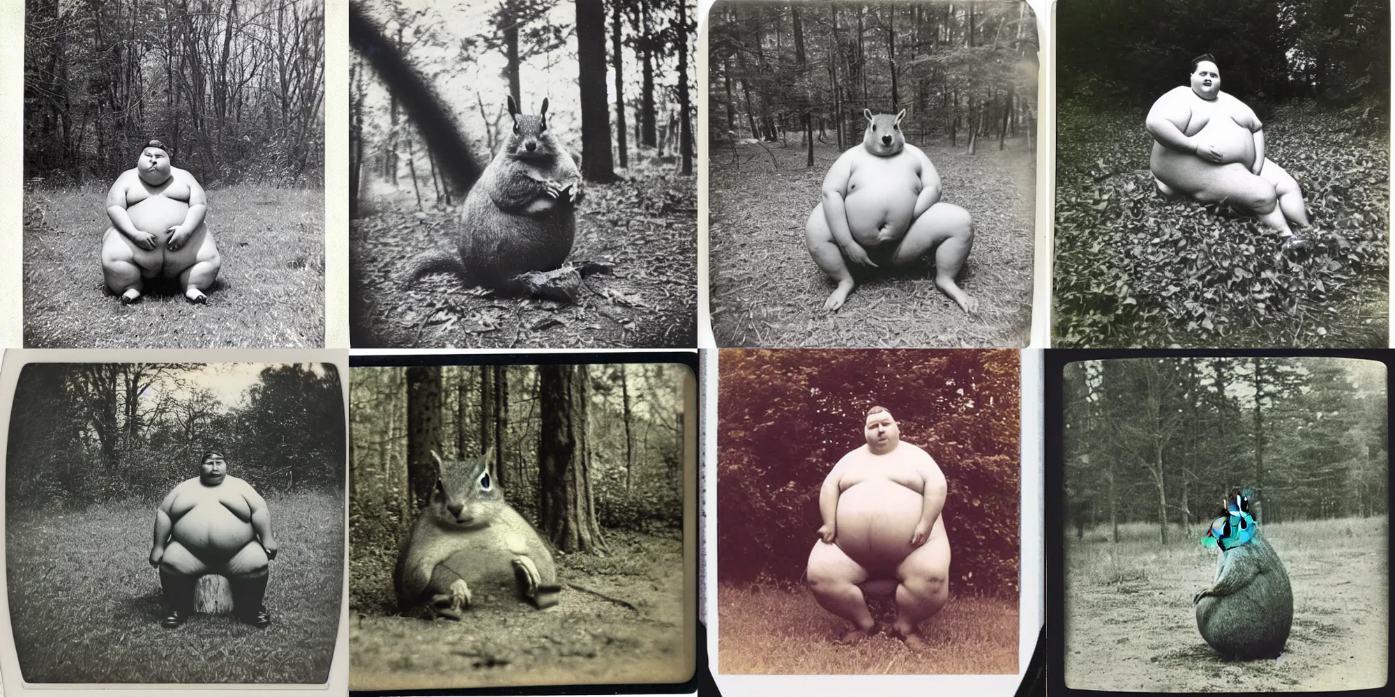 Prompt: old polaroid from 1 9 5 2 depicting a chubby, fat, obese, overweight, 2 0 0 lbs squirrel sitting on a clearing, sunny day