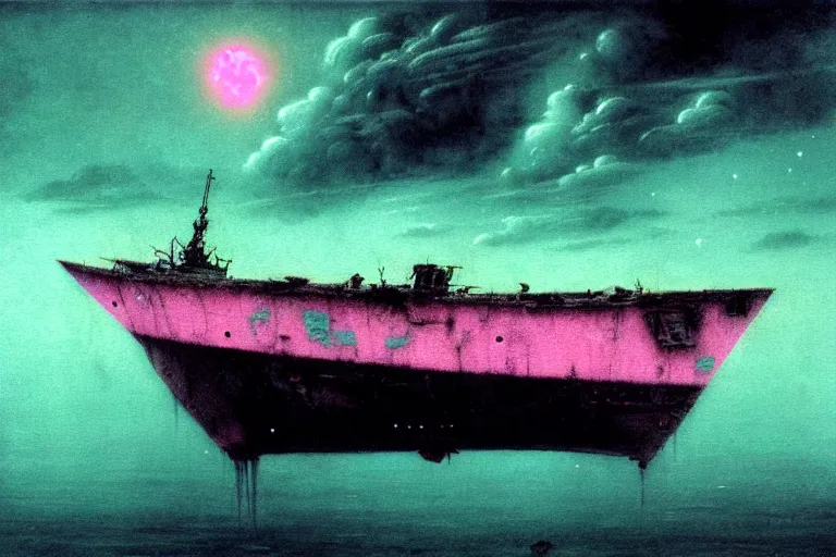 Prompt: boat in the outer space with clouds looking at derelict ship, in the style of beksinski, intricate and epic composition, pink by caravaggio, insanely quality, highly detailed, masterpiece, neon green light, artstation, 4 k