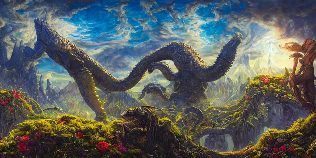 Image similar to fantasy oil painting, great leviathan, cybernetic turtle cephalopod terrapin reptilian pachyderm squid, bella hadid, hybrid, milla jovovich, anubis, epic natural light, lush plants flowers, spectacular mountains, bright clouds, luminous sky, outer worlds, golden hour, michael cheval, edward hopper, michael whelan, vray, hd