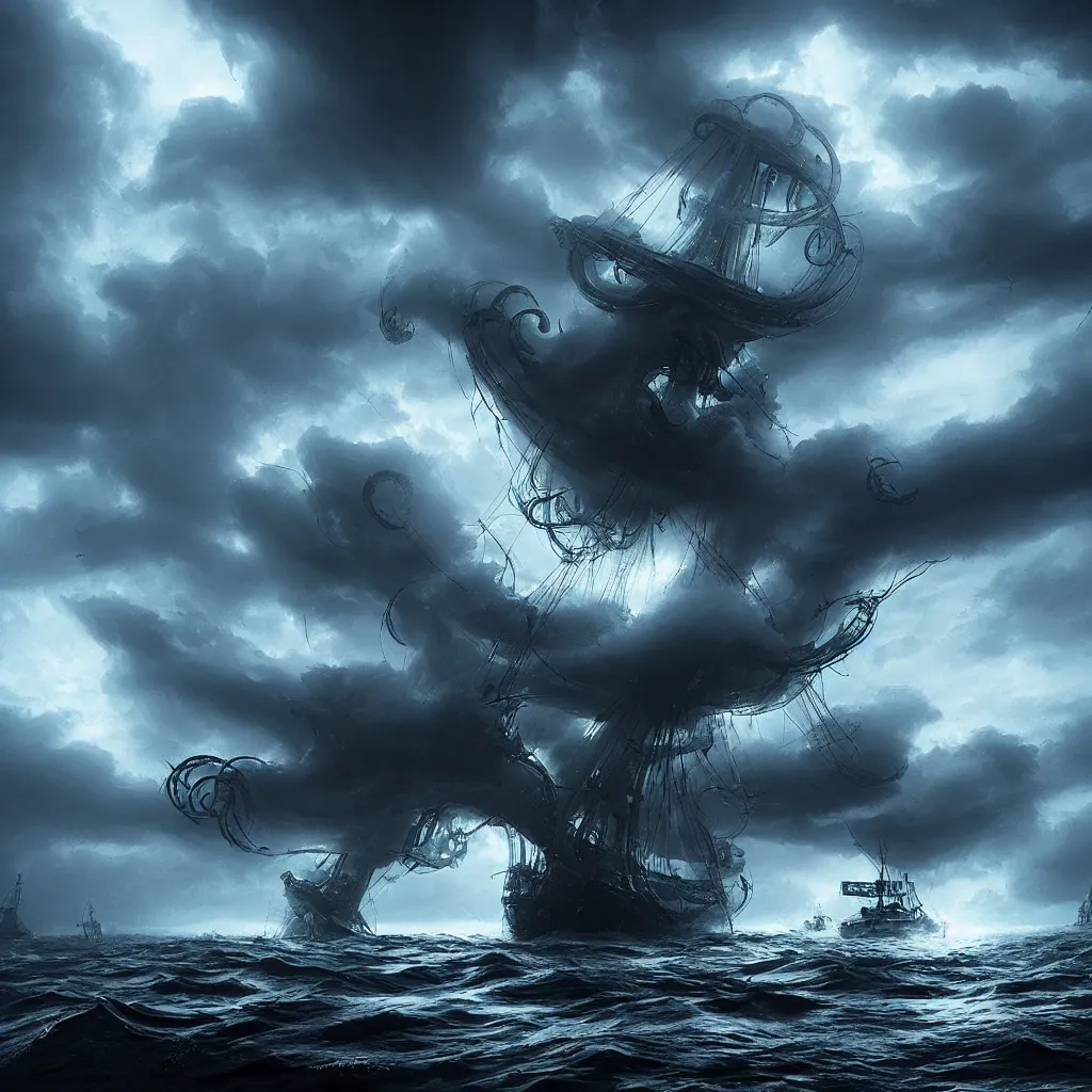 Prompt: Kraken attacks a ship in a big storm, dark and mysterious, atmospheric, cinematic, 4k, ultra detail, ultra realistic