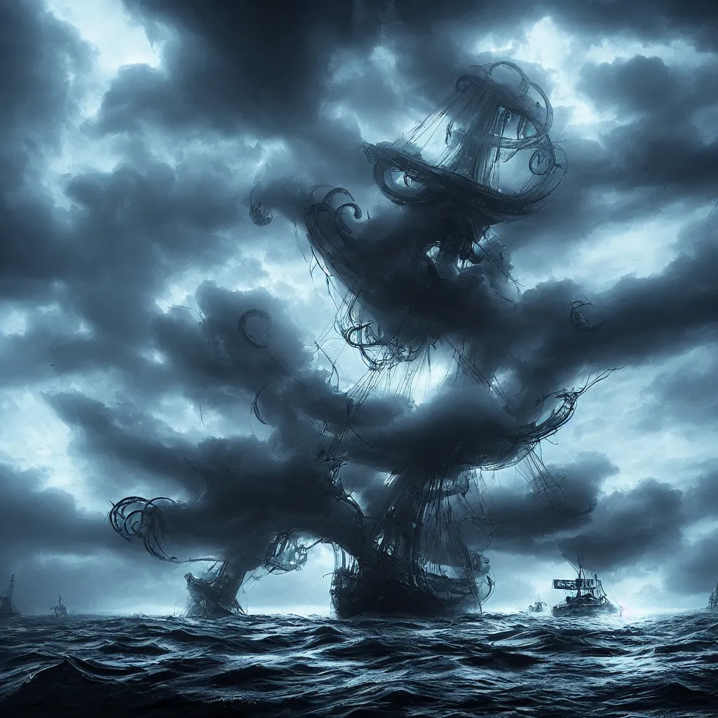 Kraken attacks a ship in a big storm, dark and | Stable Diffusion