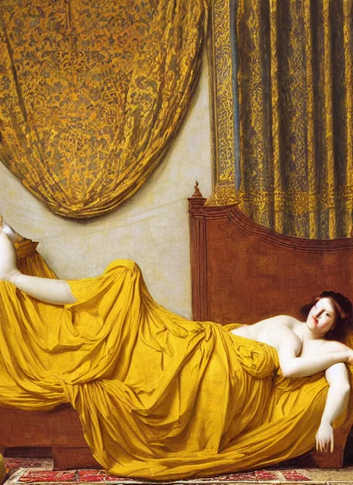 Prompt: masterpiece portrait of lady reclining on bed, draping flowing raising twisting rising sheets floating in wind flying rococo, wearing yellow ochre ornate medieval dress, vertical, foreshortening, colour photography by frederic leighton, william morris, 8 k